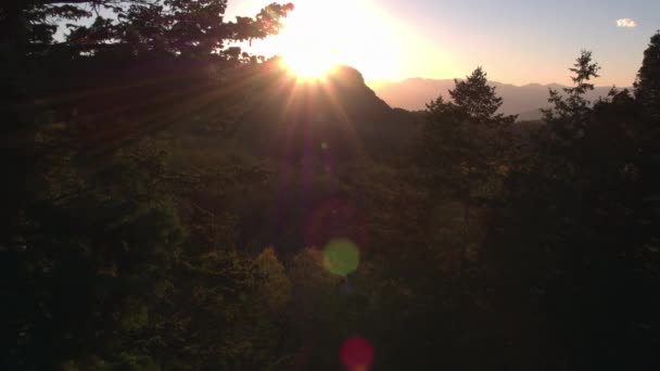 Luftaufnahme Der Sonne Die Bei Sonnenuntergang Durch Bäume Einem Berghang — Stockvideo