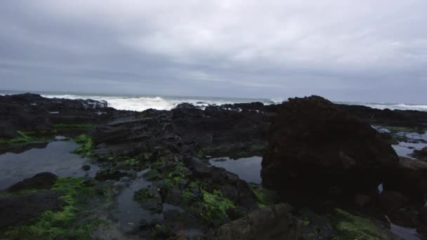 Wellen Krachen Auf Felsigen Strand Oregon Der Nähe Von Thors — Stockvideo