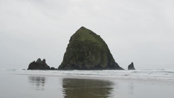 Panoráma Haystack Rock Egy Felhős Napon Oregon — Stock videók