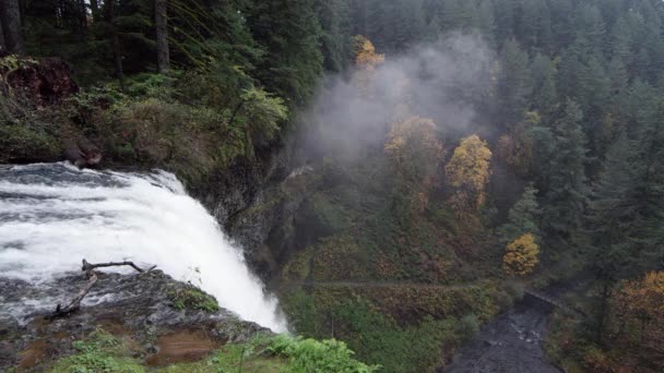 緑の木々や滝の霧を見下に見える滝の上からの空中風景 — ストック動画