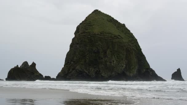 Vedere Statică Haystack Rock Într Ploioasă Plaja Cannon Din Oregon — Videoclip de stoc