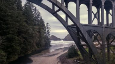 Heceta Head 'de plaja doğru Cape Creek Köprüsü 'nün altında yavaşça uçuyor.