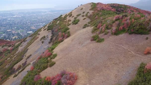 秋の間にユタ州の都市景観に向かってトレイルと丘の側を飛ぶ航空写真 — ストック動画