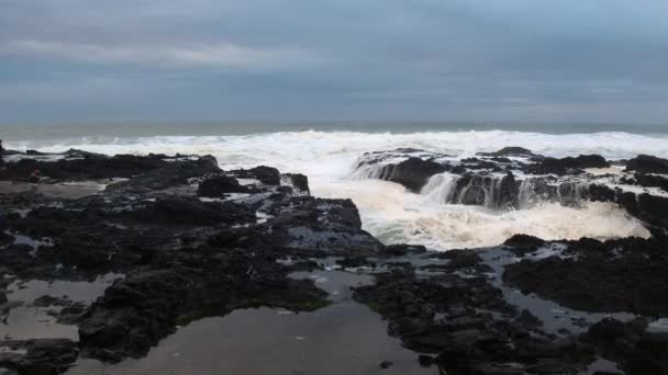 Volando Través Niebla Ola Mientras Estrella Contra Las Rocas Costa — Vídeos de Stock