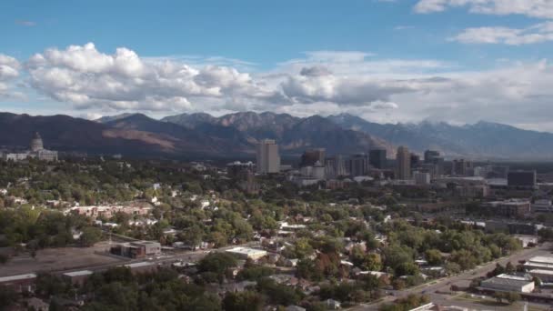 Wide Aerial View Salt Lake City Wasatch Mountains Partly Cloudy — Stock Video