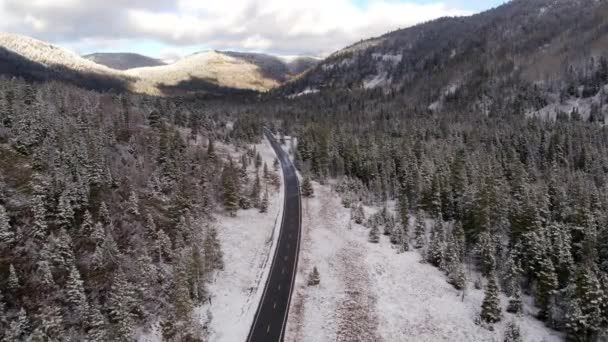 山を通る道路の上を飛ぶ雪に覆われた森林の航空写真 — ストック動画