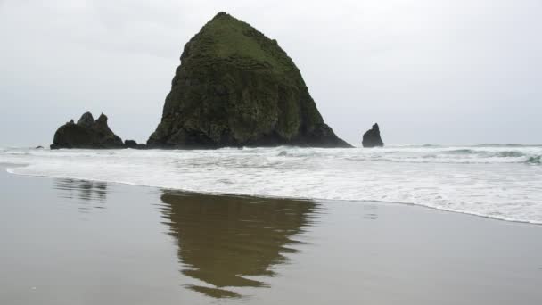 Vista Estática Haystack Rock Día Lluvioso Cannon Beach Oregon — Vídeo de stock