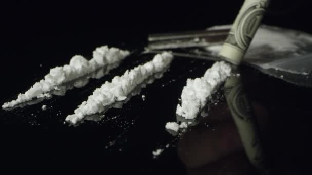 Fehér Porított Hogy Felhorkált Dollár Számlát Miközben Halad Vonalak Kokain — Stock videók