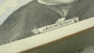 Yukarı yakın makro görünümünde 20 dolarlık fatura üzerinde Andrew Jackson hareket.