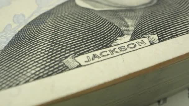 Moving Andrew Jackson Dollar Bill Close Macro View — Stock Video