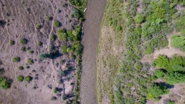 Slow Moving Aerial View River Flowing Downstream Green Foilage Part — Stock Video