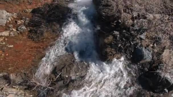 Aerial View Looking Water Falls Small Cliff Continuing Stream — Stock Video