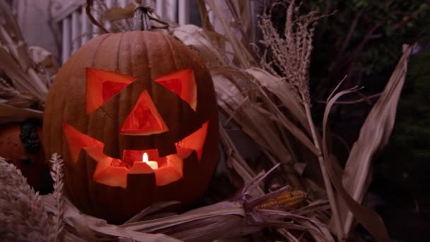 Vedere Rotativă Jack Lantern Verandă Pâlpâie Lumânare Afișajul Halloween — Videoclip de stoc