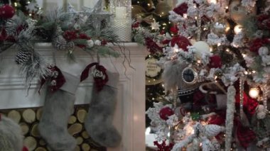 Dekore edilmiş noel ağacından şömine nin üzerindeki çoraplara kaydırma.