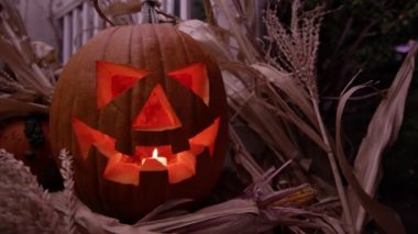 Cadılar Bayramı sırasında Mısır saplarını tarafından çevrili kabak ile verandada mum titreşen ile o'lantern jack.