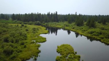 Yukarıda yavaş uçan dumanlı bir günde Madison Nehri görünümü.