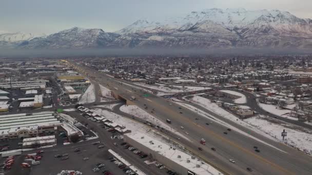 Vista Aérea Cruzamento Auto Estrada Utah County Center Street Inverno — Vídeo de Stock