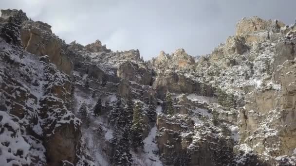 Kamera Yuvarlanırken Kışın Kayalık Kanyonu Geriye Doğru Görüntülemek — Stok video