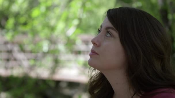 Genç Kadın Yukarı Bakar Ağaçlara Odaklanarak Fotoğraf Çekmek Için Kamera — Stok video