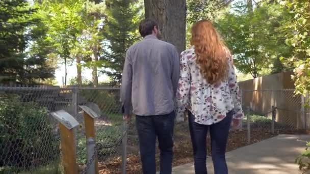 Sergiyi Görmek Için Dururken Kaldırımda Yürüyen Ele Tutuşan Çift — Stok video