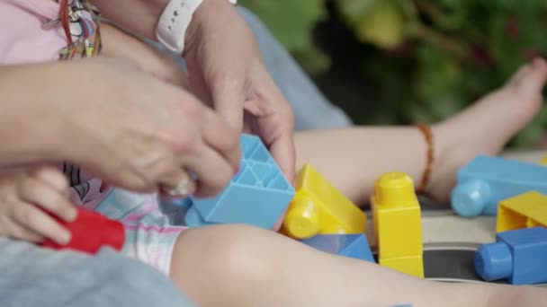 Тоддлер Грає Блоками Бабуся Допомагає Скласти Разом — стокове відео