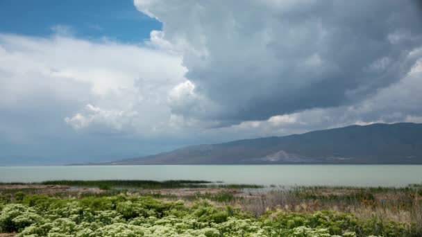 Tiempo Lapase Nubes Gruesas Sobre Lago Utah Mientras Arremolinan Cielo — Vídeos de Stock