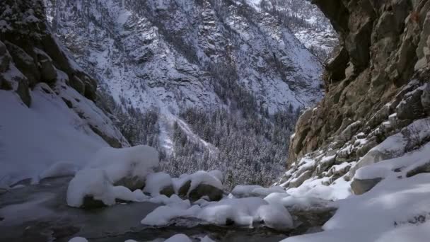 冬の間に渓谷を流れる小川の下を飛んで低く飛ぶ山側の谷を眺めながら雪を覆う — ストック動画