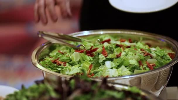 Pessoa Usando Pinças Para Colocar Salada Placa Barra Salada — Vídeo de Stock