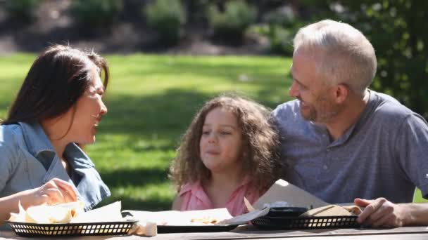 家人微笑和笑 而野餐 因为爸爸把食物在女孩嘴里 让她咬 — 图库视频影像