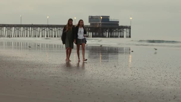 ニューポートビーチ桟橋を過ぎて早朝にビーチを歩く2人 — ストック動画