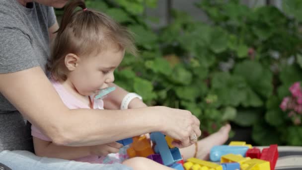 Тоддлер Грає Блоками Бабуся Допомагає Скласти Разом — стокове відео