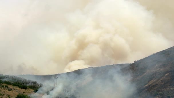 Fumée Élevant Dans Ciel Feu Forêt Sur Flanc Montagne Brûlant — Video