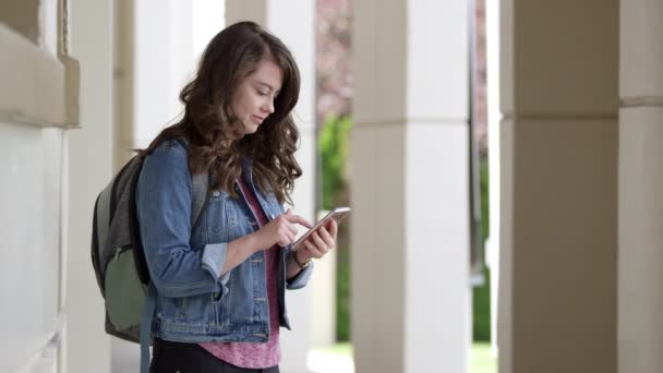 Young Woman Typing Smartphone Using App Walks Away Finished — Stock video