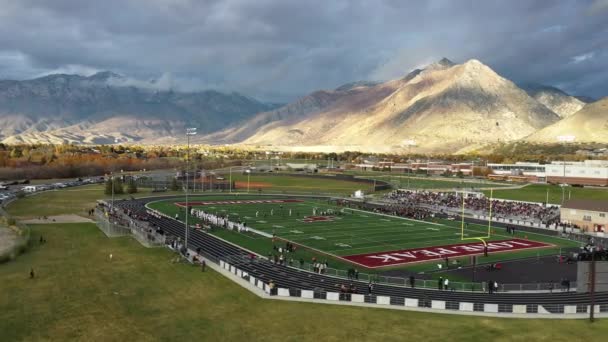 Aerial View Football Field Base Mountains Gameplay Rotating Field Viewing — Stock Video