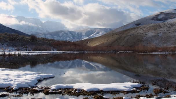 Amplio Reflejo Vista Del Paisaje Estanque Mientras Las Nubes Mueven — Vídeos de Stock