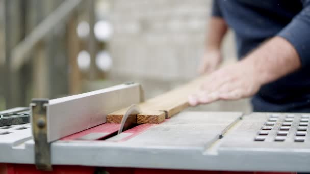 Vue Planche Étant Alimentée Par Scie Table Comme Est Coupé — Video