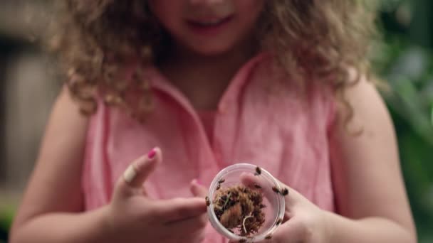 小女孩笑着拿着一盒瓢虫 它们爬上了她的胳膊 — 图库视频影像