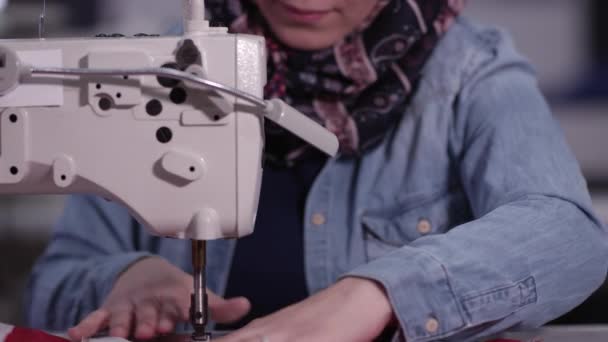 Ethnic Woman Sewing American Flag Tilting Her Hands Face She — Stock Video