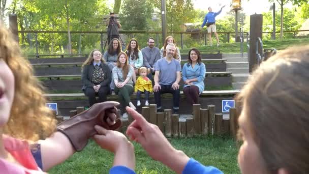 Trainer Helping Young Girl Hold Falcon Lands Her Glove Show — Stock Video