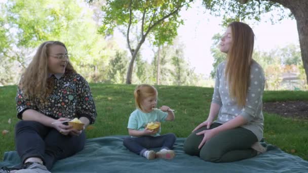 当成年人互相交谈时 家庭在野餐 而女儿则吃冰淇淋 — 图库视频影像
