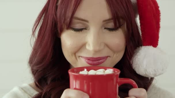 Young Happy Woman Drinking Coffee Sugar — Stock Video