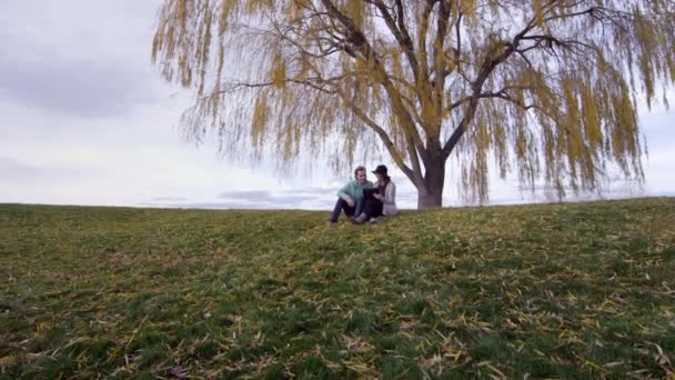 Joven Pareja Caucásica Está Utilizando Ipad Bajo Gran Árbol — Vídeo de stock