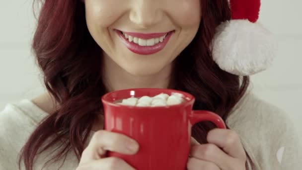 Young Happy Woman Drinking Coffee Sugar — Stock Video