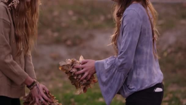 Two Twin Sisters Playing Falling Leaves Outdoors — Stock Video