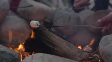 Gençlergrubu açık ateşte sosis ve marshmallow kızartma