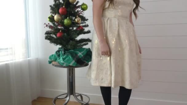 Bella Donna Sta Posando Vicino All Albero Natale — Video Stock