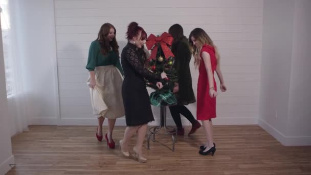 クリスマスツリーの周りを踊る若い女性のグループ — ストック動画
