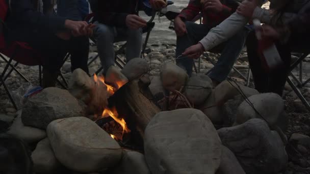 Grupo Adolescentes Descansando Perto Fogo Ardente Livre — Vídeo de Stock