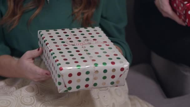 Women Friends Giving Christmas Gifts Each Other — Stock Video