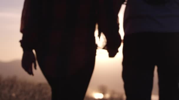 恋爱中的年轻夫妇在美丽的夕阳西下的群山中休息 — 图库视频影像